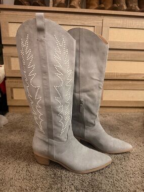Mi.iM Gray Suede Stud-Embellished Knee-High Western Boots